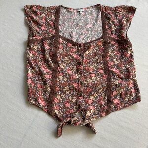 Self E Brown Floral Peasant Top Womens L Boho Button Tie Front